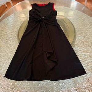 HALSTON Cocktail Dress Front Buckle Detail Back Zipper Size 12 Black Midi
